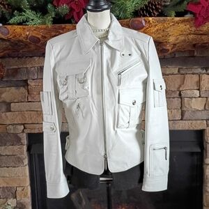 Beverly Hills Leather White Leather Motorcycle Moto Jacket
